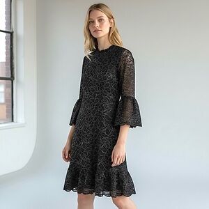 MICHAEL KORS Lace Dress 3/4 Bell Sleeves Black/Metallic Silver Round Neck Lined